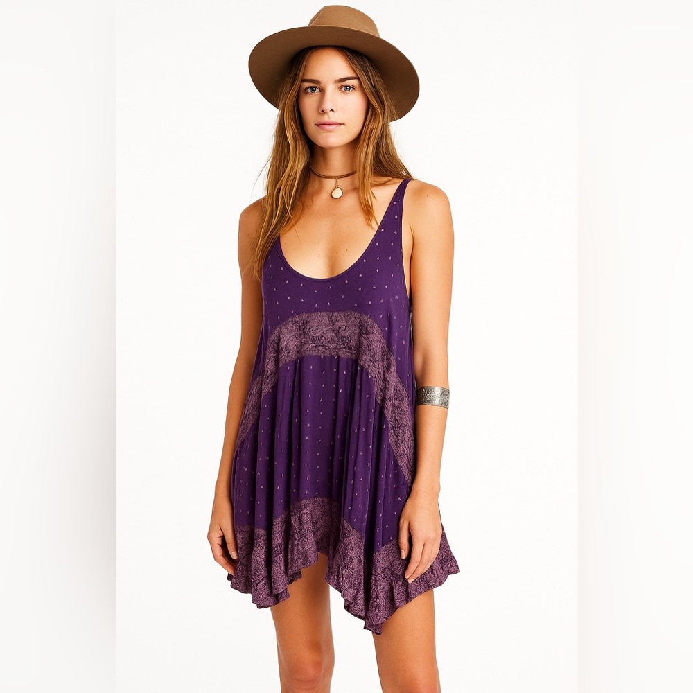 Free People Intimately Violet Lace Trim Bohemian Mini Dress Women's Medium